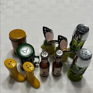 vintage salt & pepper lot- boot,butterflies, green glass & mini bottles.